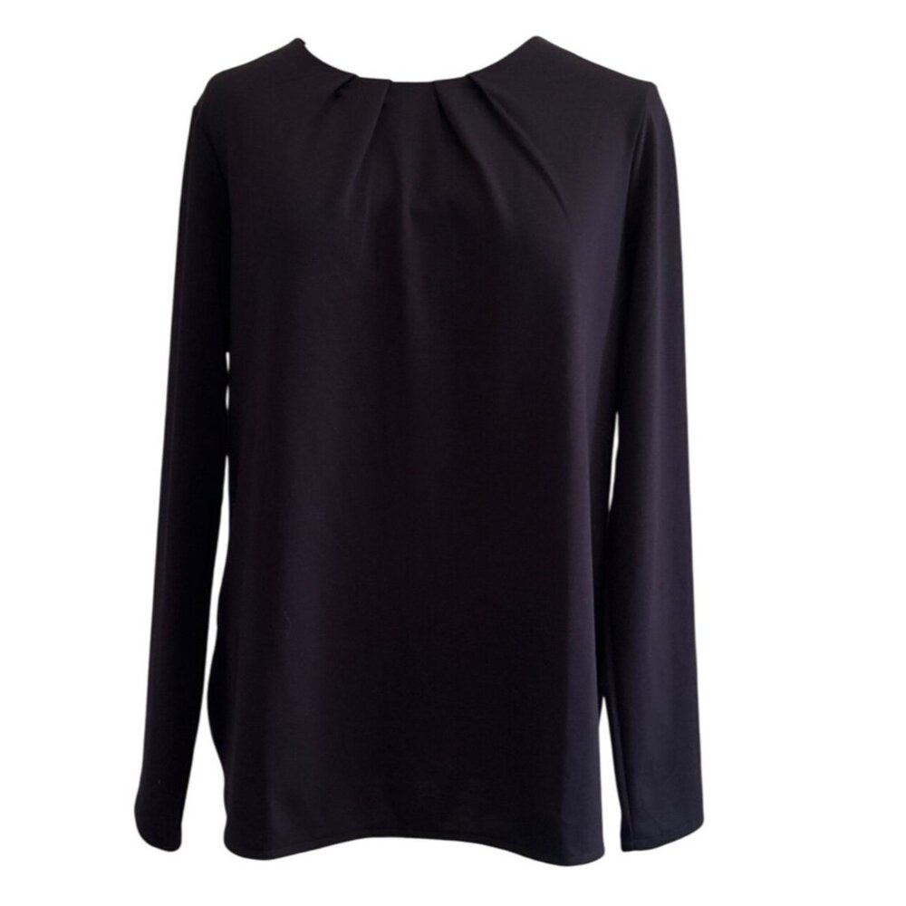 Lands End Womens Black Long Sleeve Pleated Neck Blouse Med Minimalist Office